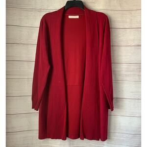 Pointelle Long Red Cardigan Sweater Open Front Folded Neckline Size Small